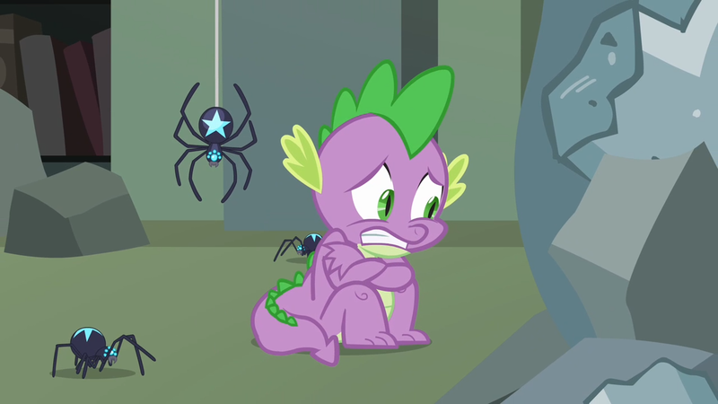 Size: 1280x720 | Tagged: castle mane-ia, crossed arms, derpibooru import, dragon, male, rubble, safe, scared, screencap, sitting, spider, spike, star spider