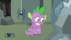 Size: 1280x720 | Tagged: castle mane-ia, crossed arms, derpibooru import, dragon, male, rubble, safe, scared, screencap, sitting, spider, spike, star spider