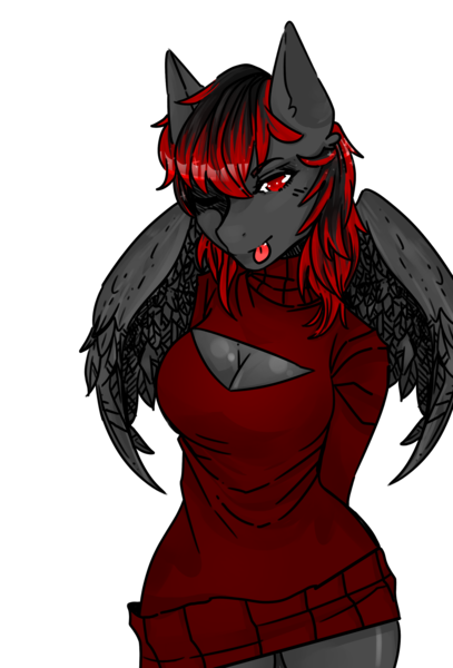 Size: 2032x2999 | Tagged: suggestive, artist:sagallie98, deleted from derpibooru, derpibooru import, oc, oc:shadowblade, unofficial characters only, anthro, pegasus, breasts, cleavage, clothes, female, keyhole turtleneck, simple background, solo, solo female, sweater, tongue out, transparent background, turtleneck