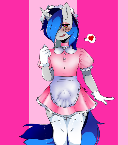 Size: 1500x1700 | Tagged: anthro, artist:tamy, blushing, clothes, crossdressing, crotch bulge, derpibooru import, erection, femboy, gloves, heart, maid, male, oc, oc:cappie, pictogram, questionable, satin, shiny, silk, sissy, skirt, skirt boner, solo, solo male, stallion, stockings, tenting, thigh highs, trap, uniform, unofficial characters only