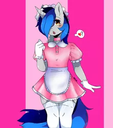 Size: 1500x1700 | Tagged: alternate version, anthro, artist:tamy, clothes, crossdressing, derpibooru import, femboy, gloves, heart, maid, male, oc, oc:cappie, pictogram, safe, satin, shiny, silk, sissy, solo, stallion, stockings, thigh highs, trap, uniform, unofficial characters only