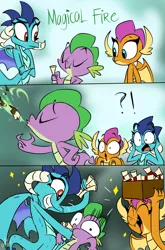 Size: 800x1214 | Tagged: safe, artist:emositecc, derpibooru import, princess ember, smolder, spike, dragon, school daze, abuse, box, comic, dragoness, dragon mail, female, fire, force feeding, green fire, letter, magic, possible rape, scroll, smiling, spikeabuse, starry eyes, surprised, swag, this will end in tears and/or death and/or a huge pile of scrolls, wingding eyes