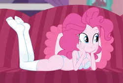 Size: 2228x1508 | Tagged: suggestive, derpibooru import, edit, edited screencap, editor:aisuroma, screencap, pinkie pie, equestria girls, equestria girls series, pinkie sitting, big breasts, bra, breast edit, breasts, busty pinkie pie, cleavage, clothes, couch, feet, female, panties, solo, solo female, stockings, thigh highs, thong, underwear, underwear edit