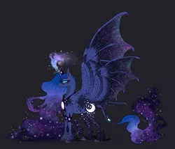 Size: 1997x1713 | Tagged: safe, artist:alissa1010, derpibooru import, princess luna, alicorn, classical unicorn, pony, seraph, seraphicorn, alternate design, bat wings, cloven hooves, curved horn, cutie mark, dappled, ethereal mane, eyeshadow, fangs, female, four wings, freckles, galaxy mane, glowing horn, gray background, hybrid wings, jewelry, large wings, leonine tail, looking at you, makeup, mare, multiple wings, redesign, regalia, simple background, slit eyes, smiling, solo, spread wings, starry eyes, starry mane, unshorn fetlocks, wingding eyes, wings