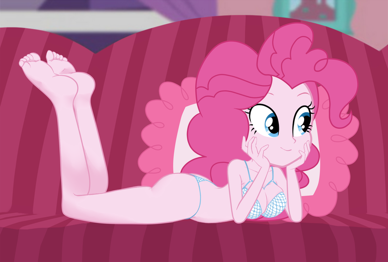 Size: 2228x1508 | Tagged: suggestive, derpibooru import, edit, edited screencap, editor:aisuroma, screencap, pinkie pie, equestria girls, equestria girls series, pinkie sitting, barefoot, bra, breast edit, breasts, busty pinkie pie, cleavage, clothes, couch, feet, female, panties, solo, solo female, thigh highs, thong, underwear, underwear edit