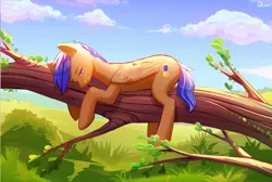 Size: 3725x2500 | Tagged: safe, artist:guddoshy, derpibooru import, oc, oc:crushingvictory, pegasus, pony, alternate hairstyle, commission, folded wings, full color, lying down, male, nature, scenery, sleepy, smiling, stallion, tree, tree branch, ych result