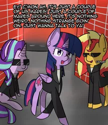 Size: 1953x2263 | Tagged: safe, artist:artiks, derpibooru import, starlight glimmer, sunset shimmer, twilight sparkle, twilight sparkle (alicorn), alicorn, unicorn, brick wall, clothes, dialogue, female, gang, howling 2, jacket, jontron, leather jacket, magical trio, men in black, sunglasses, trio, trio female