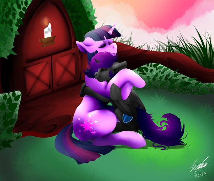 Size: 2600x2200 | Tagged: alicorn, artist:brainiac, commission, derpibooru import, fanfic:past sins, female, hug, library, mare, oc, oc:nyx, safe, twilight sparkle