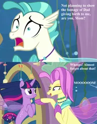 Size: 1125x1440 | Tagged: alicorn, cropped, derpibooru import, edit, edited screencap, embarrassed, implied male pregnancy, implied sky beak, mothers gonna mother, ocean flow, screencap, seaponified, seapony (g4), seapony twilight, seaquestria, species swap, suggestive, surf and/or turf, terramar, text, twilight sparkle, twilight sparkle (alicorn)