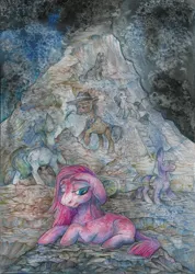 Size: 912x1280 | Tagged: artist:taski-guru, cloudy quartz, depression, derpibooru import, igneous rock pie, limestone pie, marble pie, maud pie, pie family, pinkamena diane pie, pinkie pie, rock farm, safe, traditional art, working