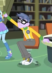 Size: 421x583 | Tagged: safe, derpibooru import, screencap, microchips, trixie, equestria girls, equestria girls series, forgotten friendship, carrot, clothes, converse, cropped, female, food, glasses, male, offscreen character, pants, shoes, sneakers