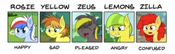 Size: 5820x1782 | Tagged: safe, artist:reconprobe, derpibooru import, oc, oc:lemon drop, oc:ponyzilla, oc:recon probe, oc:zeus, pony, emotions, female, male, mare, stallion