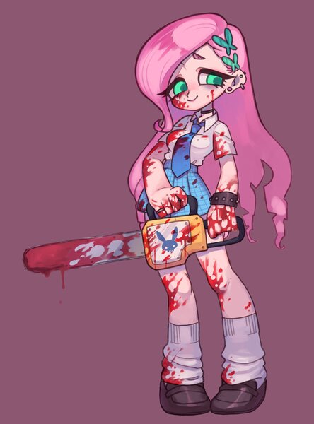 Size: 2606x3520 | Tagged: artist:ikirunosindo, blood, bow, chainsaw, clothes, derpibooru import, female, fluttershy, grimcute, grimdark, grotesque, human, humanized, looking at you, shirt, shoes, simple background, skirt, socks, solo