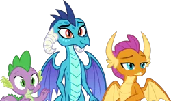 Size: 6827x4050 | Tagged: absurd resolution, artist:hendro107, claws, derpibooru import, dragon, dragoness, dragon wings, fangs, female, horns, male, princess ember, safe, school daze, simple background, smiling, smolder, spike, spread wings, .svg available, transparent background, vector, wings