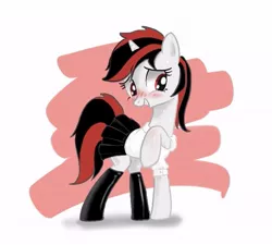 Size: 619x558 | Tagged: safe, artist:soshyqqq, derpibooru import, oc, oc:blackjack, pony, unicorn, fallout equestria, fallout equestria: project horizons, fanfic, abstract background, blushing, fanfic art, female, hooves, horn, mare, smiling, solo, teeth