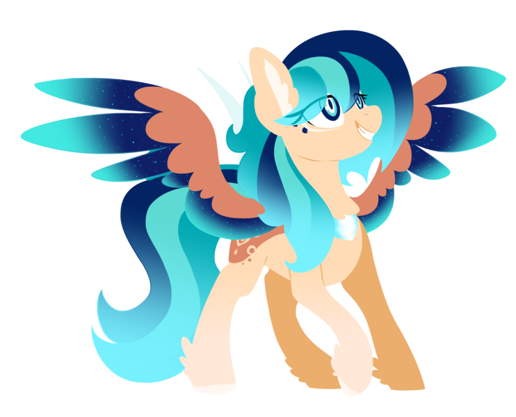 Size: 2961x2394 | Tagged: safe, artist:torusthescribe, derpibooru import, oc, oc:sapphire breeze, unofficial characters only, pegasus, pony, chest fluff, colored hooves, colored wings, ear fluff, feathered fetlocks, female, gradient wings, high res, mare, multicolored hair, multicolored tail, multicolored wings, raised hoof, simple background, solo, spread wings, transparent background, wings