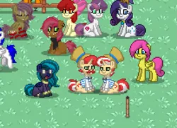 Size: 1225x888 | Tagged: safe, derpibooru import, apple bloom, flam, flim, rarity, sweetie belle, oc, oc:midnight mist, pegasus, pony, unicorn, pony town, clothes, costume, flim flam brothers, shadowbolts costume