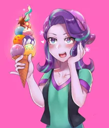 Size: 800x941 | Tagged: safe, artist:tzc, derpibooru import, starlight glimmer, equestria girls, mirror magic, spoiler:eqg specials, beanie, blushing, breasts, cleavage, clothes, cute, cutie mark, dessert, female, food, gasp, glimmerbetes, hat, ice cream, implied mane seven, nail polish, pink background, simple background, solo, sparkles, that human sure does love ice cream, vest