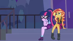 Size: 3840x2160 | Tagged: safe, artist:phucknuckl, derpibooru import, editor:backgroundlol, sci-twi, sunset shimmer, twilight sparkle, equestria girls, equestria girls series, overpowered (equestria girls), star crossed, bedroom eyes, female, geode of empathy, geode of telekinesis, high res, lesbian, lidded eyes, sci-twi's planetarium date, scitwishimmer, shipping, smiling, sunsetsparkle