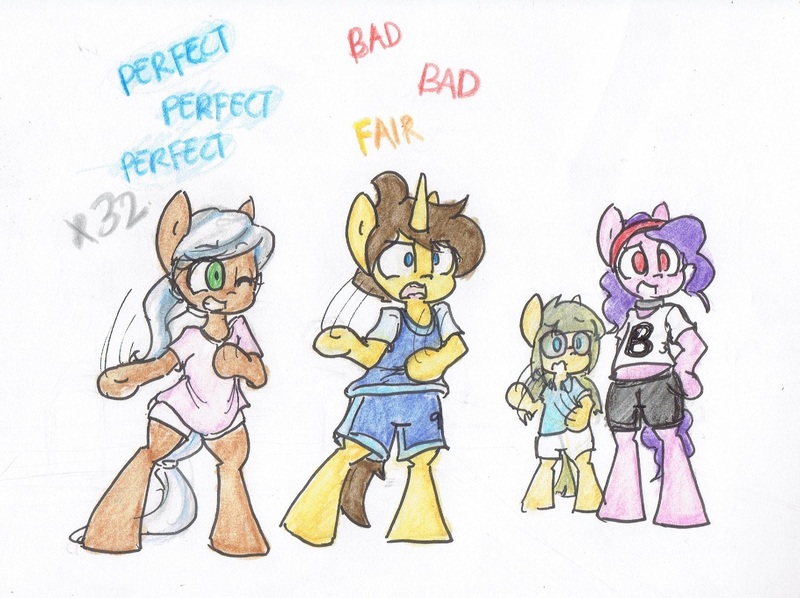 Size: 1824x1364 | Tagged: safe, artist:spheedc, derpibooru import, oc, oc:bolly, oc:dream chaser, oc:sphee, oc:velvet sky, earth pony, semi-anthro, unicorn, bipedal, clothes, combo, dancing, female, glasses, male, mare, one eye closed, simple background, stallion, traditional art, white background, wink