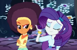 Size: 3000x1962 | Tagged: safe, artist:ktd1993, artist:thebarsection, derpibooru import, edit, rarity, saffron masala, tree of harmony, equestria girls, afro, female, lesbian, raffron, shipping