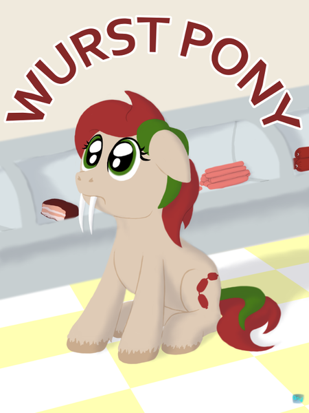 Size: 632x842 | Tagged: safe, artist:quint-t-w, derpibooru import, oc, unnamed oc, unofficial characters only, sabertooth pony, bacon, butcher, female, floppy ears, food, mare, meat, pun, sad, sausage, sitting, tile, two toned mane, unshorn fetlocks, worst pony, wurst