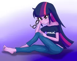 Size: 1024x814 | Tagged: safe, artist:nin10ja, derpibooru import, sci-twi, twilight sparkle, equestria girls, barefoot, cute, fangirl, feet, metallica, solo, twiabetes