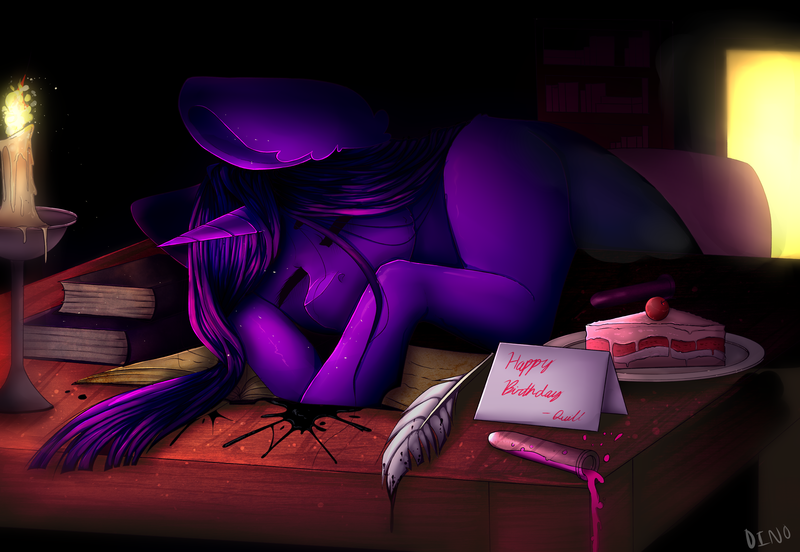 Size: 4608x3180 | Tagged: safe, artist:dino_horse, deleted from derpibooru, derpibooru import, oc, oc:nova aurora, unofficial characters only, unicorn, birthday gift, book, cake, candle, commission, female, food, mare, note, sleeping, solo, table