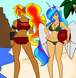 Size: 2664x2736 | Tagged: alicorn, alicorn oc, artist:burningsnowflakeproductions, beach, beach ball, belly button, big breasts, bikini, blushing, breasts, cleavage, clothes, derpibooru import, eared humanization, female, horned humanization, human, humanized, humanized oc, jewelry, looking at you, necklace, oc, oc:lyoko hope, oc:red fire, ponytail, safe, smiling, swimsuit, unofficial characters only, winged humanization, wings