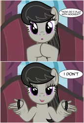 Size: 2210x3230 | Tagged: safe, artist:badumsquish, derpibooru import, octavia melody, earth pony, pony, 2 panel comic, :o, badumsquish strikes again, comic, couch, cursed image, dialogue, female, hand, lidded eyes, looking at you, open mouth, show accurate, shrug, sitting, smiling, smirk, solo, straps, suddenly hands, talking to viewer, vinyl and octavia's home, wat, what a twist