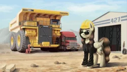 Size: 3000x1686 | Tagged: safe, artist:sa1ntmax, derpibooru import, oc, unofficial characters only, earth pony, pegasus, pony, clothes, commission, dump truck, helmet, hoodie, komatsu, mack, mack truck, male, smiling, solo focus, sunglasses, truck, vehicle