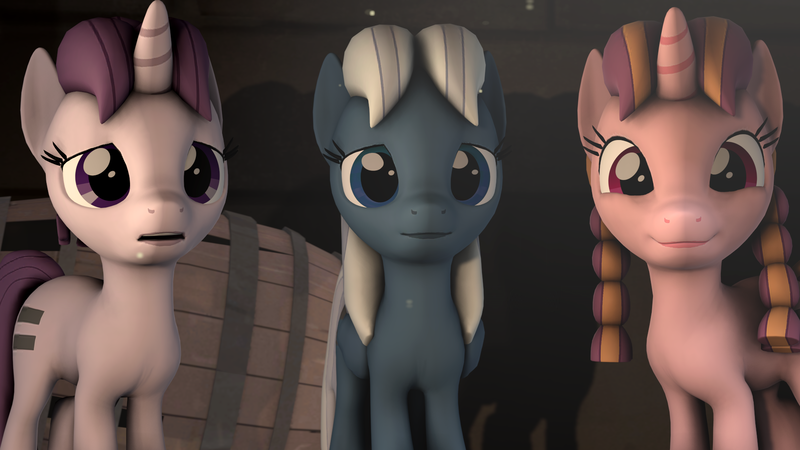 Size: 1920x1080 | Tagged: 3d, artist:goatcanon, bacon braids, comic:lyra's story, cute, derpibooru import, equal cutie mark, equalized, equalized mane, glideabetes, night glider, safe, source filmmaker, sugar belle, sugarbetes, the cutie map, trio