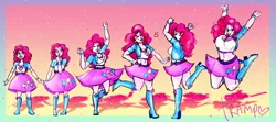 Size: 9450x4200 | Tagged: suggestive, artist:trampy-hime, derpibooru import, pinkie pie, human, equestria girls, absurd resolution, belly button, big breasts, bimbo, bimboification, breast expansion, breasts, busty pinkie pie, dancing, female, growth, heart, heart background, jumping, midriff, solo, solo female, sparkly background, transformation, transformation sequence