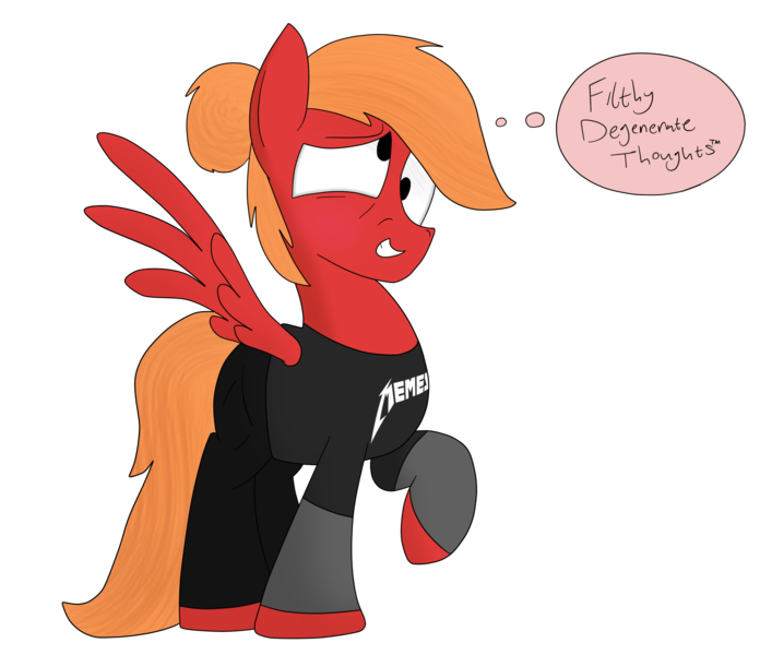 Size: 1999x1723 | Tagged: suggestive, artist:moonatik, derpibooru import, oc, oc:moonatik, unofficial characters only, pegasus, pony, blushing, clothes, male, metallica, raised hoof, shirt, simple background, solo, stallion, t-shirt, transparent background