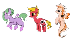 Size: 5500x3000 | Tagged: safe, artist:hirundoarvensis, derpibooru import, oc, ponified, unofficial characters only, betta, earth pony, merpony, pony, unicorn, akabeko, baba yaga, simple background, transparent background, trio
