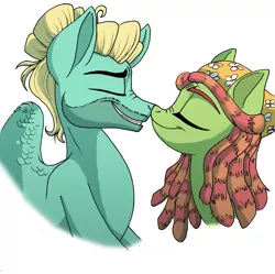 Size: 4860x4848 | Tagged: safe, artist:celestial-rainstorm, derpibooru import, tree hugger, zephyr breeze, pony, absurd resolution, bust, couple, female, headscarf, male, nuzzling, portrait, scarf, shipping, simple background, straight, white background, zephyrhugger