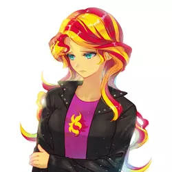 Size: 4000x4000 | Tagged: safe, artist:honnim, derpibooru import, sunset shimmer, equestria girls, clothes, crying, jacket, looking down, sad, simple background, solo, sunsad shimmer, white background