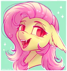 Size: 1200x1279 | Tagged: safe, artist:lispp, derpibooru import, fluttershy, bat pony, pony, abstract background, blushing, bust, ear fluff, fangs, female, floppy ears, flutterbat, happy, looking at you, mare, open mouth, portrait, race swap, red eyes, slit eyes, solo, sparkles, tongue out, white outline