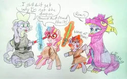 Size: 3321x2059 | Tagged: artist:erenerakhard, clothes, crossover, derpibooru import, dragon costume, female, filly, glasses, lightsaber, magical lesbian spawn, maud pie, oc, oc:dawn twinkle, oc:sunrise blink, offspring, older, older spike, parents:sunsetsparkle, parent:sunset shimmer, parent:twilight sparkle, robe, safe, spike, star wars, traditional art, weapon