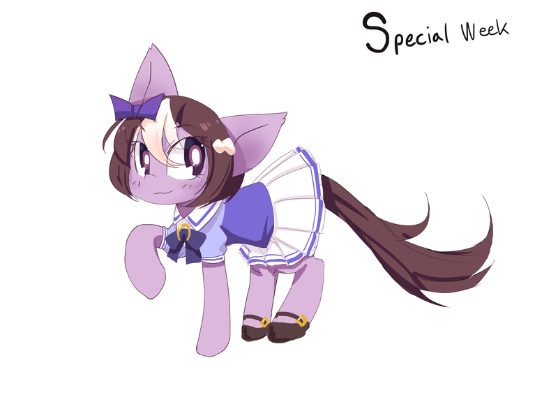 Size: 4093x2894 | Tagged: safe, artist:nemoni, derpibooru import, ponified, pony, bow, clothes, cute, hair bow, raised hoof, school uniform, simple background, skirt, solo, special week, uma musume pretty derby, white background