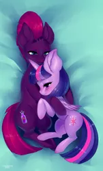 Size: 655x1087 | Tagged: safe, artist:tawni-tailwind, derpibooru import, fizzlepop berrytwist, tempest shadow, twilight sparkle, twilight sparkle (alicorn), alicorn, pony, unicorn, my little pony: the movie, blushing, broken horn, cuddling, cute, cutie mark, female, folded wings, lesbian, mare, shipping, tempestlight