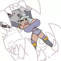 Size: 900x900 | Tagged: artist:moronsonofboron, big breasts, breasts, busty limestone pie, chibi, clothes, colored sketch, derpibooru import, drill, gloves, greaves, huge breasts, human, humanized, impossibly large breasts, in mouth, jaws, limestone pie, major miners, peril, shorts, sketch, spinning, strength, suggestive, teeth