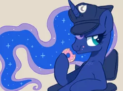 Size: 2500x1844 | Tagged: alicorn, artist:hawthornss, chair, clothes, derpibooru import, donut, eating, female, food, hat, looking at you, mare, police, police hat, princess luna, safe, simple background, sitting, solo, tan background