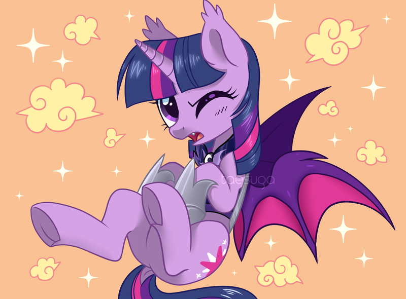 Size: 2500x1844 | Tagged: safe, artist:hawthornss, derpibooru import, twilight sparkle, twilight sparkle (alicorn), alicorn, bat pony, bat pony alicorn, pony, abstract background, armor, cute, cute little fangs, dock, ear fluff, fangs, female, frog (hoof), guard armor, looking at you, mare, one eye closed, race swap, solo, spread wings, twiabetes, twibat, underhoof, watermark, wings