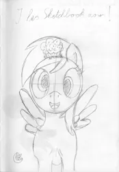 Size: 753x1080 | Tagged: safe, artist:moon flower, derpibooru import, derpy hooves, pegasus, pony, dialogue, english, female, food, front view, grayscale, happy, looking at you, mare, monochrome, muffin, offscreen character, pencil, sketch, smiling, solo, spread wings, standing, traditional art, wings