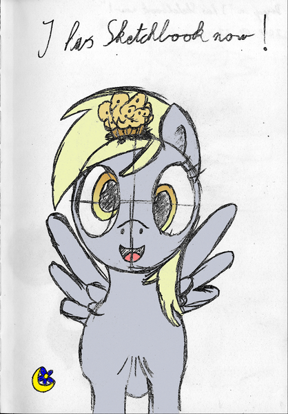 Size: 753x1080 | Tagged: safe, artist:moon flower, derpibooru import, derpy hooves, pegasus, pony, colored, dialogue, digital art, english, female, food, front view, happy, looking at you, mare, mixed media, muffin, offscreen character, pencil, sketch, smiling, solo, spread wings, standing, traditional art, wings