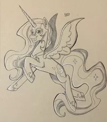 Size: 2450x2800 | Tagged: safe, artist:hypno, derpibooru import, nightmare moon, alicorn, pony, female, grayscale, grin, helmet, mare, monochrome, side view, simple background, smiling, solo, spread wings, traditional art, wings