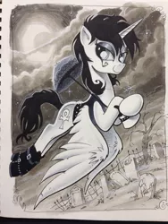 Size: 1536x2048 | Tagged: safe, artist:andypriceart, derpibooru import, ponified, alicorn, pony, ankh, crossover, dc comics, death, death of the endless, female, goth, graveyard, grayscale, mare, monochrome, solo, traditional art, vertigo