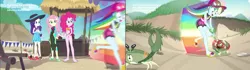 Size: 1911x535 | Tagged: safe, derpibooru import, screencap, fluttershy, pinkie pie, rainbow dash, rarity, aww... baby turtles, equestria girls, equestria girls series, too hot to handle, animation frame, beach, clothes, comparison, feet, flip-flops, geode of fauna, geode of sugar bombs, geode of super speed, magical geodes, sandals, swimsuit, wetsuit