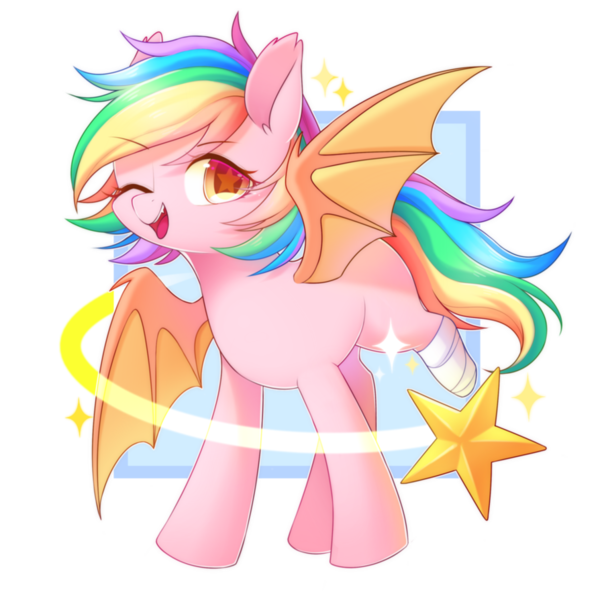 Size: 894x894 | Tagged: safe, artist:leafywind, derpibooru import, oc, oc:paper stars, unofficial characters only, bat pony, pony, abstract background, amputee, bandage, bat pony oc, bat wings, colored pupils, colored wings, cute, cute little fangs, ear fluff, fangs, female, happy, looking at you, mare, missing cutie mark, ocbetes, one eye closed, open mouth, rainbow hair, rainbow tail, simple background, smiling, solo, spread wings, starry eyes, stars, transparent background, wingding eyes, wings, wink